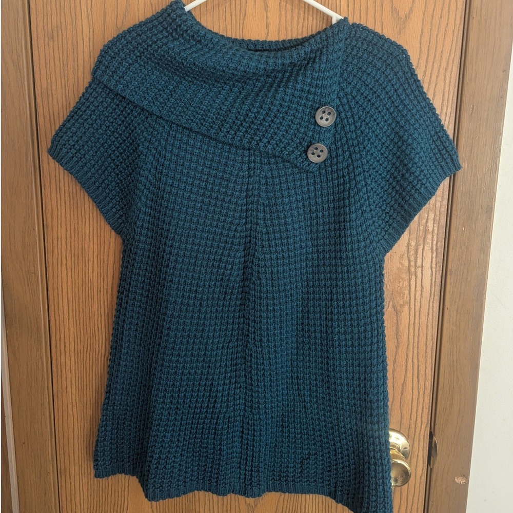 Worthington Petite Teal Waffle Knit Short Sleeve Button Cowl Neck Sweater PM